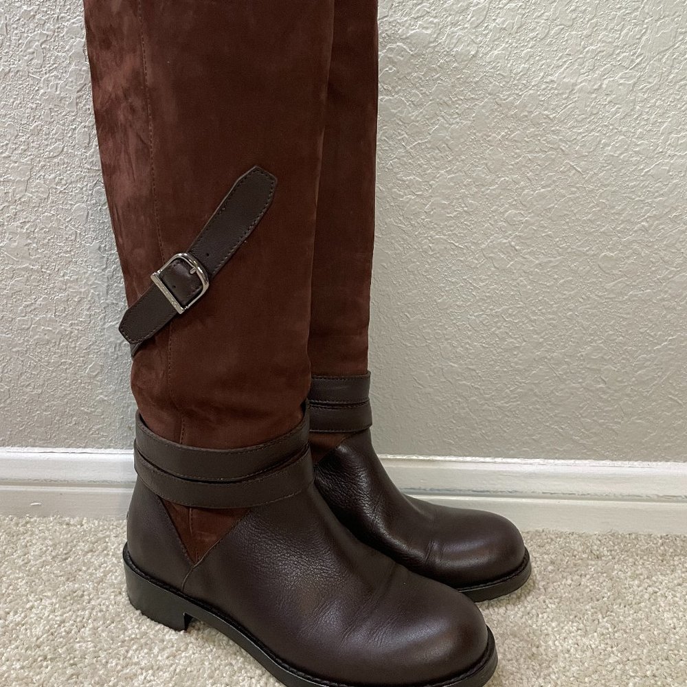 Jimmy Choo Darla Riding Boots Brown Suede Leather Buckle Knee High 35.5